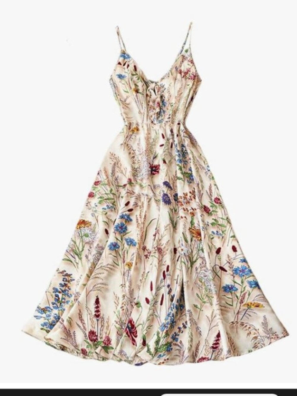 Summer Floral Dress Bow Tie V Neck Spaghetti Strap Flowy Midi Dresses Boho
